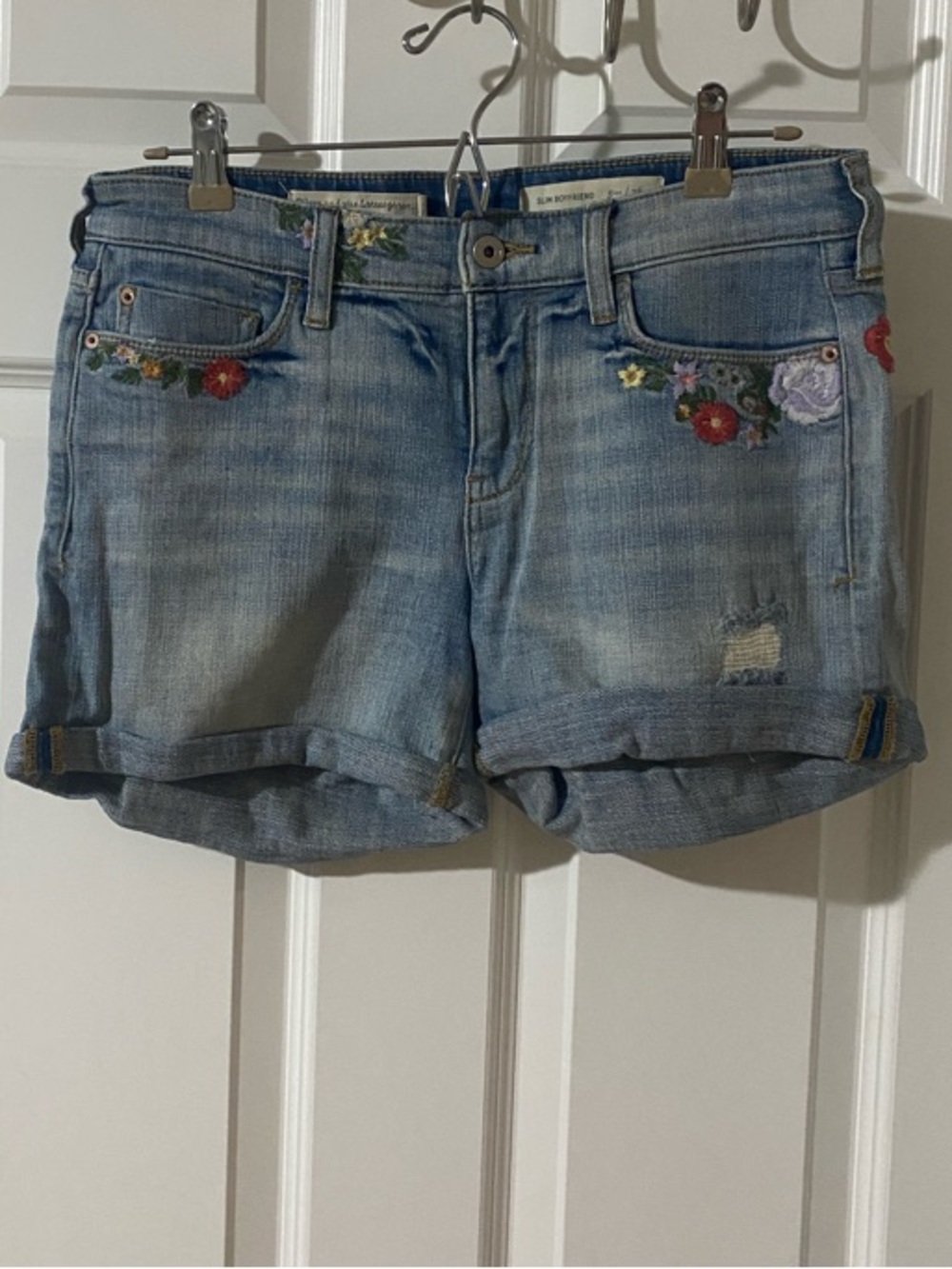 Anthropology Light Wash Embroidered Denim Slim Boyfriend Shorts